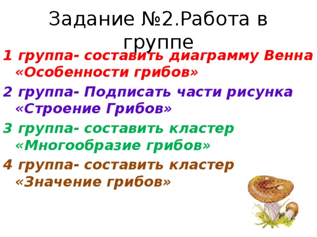 Задание №2.Работа в группе 1 группа- составить диаграмму Венна «Особенности грибов» 2 группа- Подписать части рисунка «Строение Грибов» 3 группа- составить кластер «Многообразие грибов» 4 группа- составить кластер «Значение грибов»