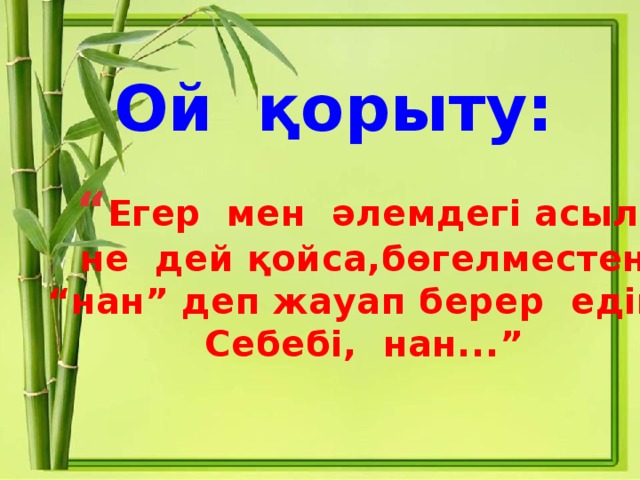 Ой қорыту: “ Егер мен әлемдегі асыл не дей қойса,бөгелместен “ нан” деп жауап берер едім. Себебі, нан...”