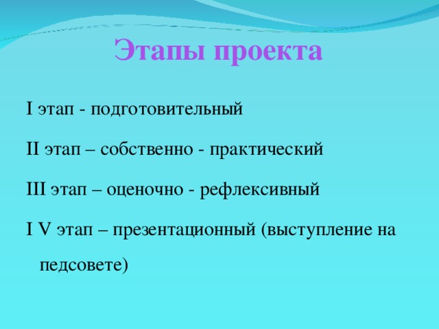 Этапы проекта I этап - подготовительный II этап – собственно - практический III этап – оценочно - рефлексивный I V этап – презентационный (выступление на педсовете)