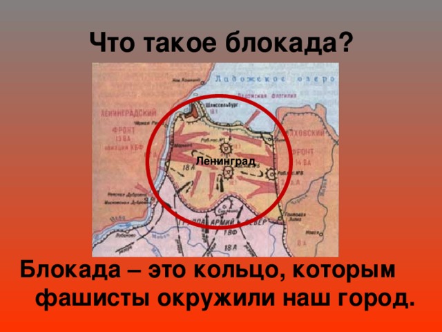 Что такое блокада? Ленинград Блокада – это кольцо, которым фашисты окружили наш город.