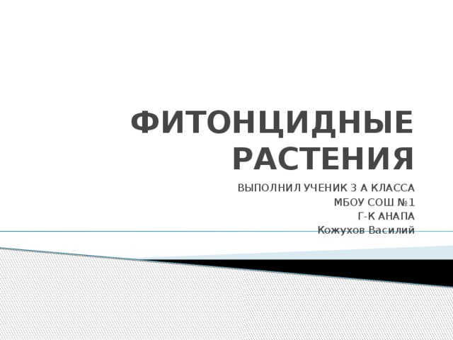 ФИТОНЦИДНЫЕ РАСТЕНИЯ ВЫПОЛНИЛ УЧЕНИК 3 А КЛАССА МБОУ СОШ №1 Г-К АНАПА Кожухов Василий