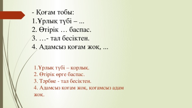 - Қоғам тобы: 1.Ұрлық түбі – ... 2. Өтірік … баспас. 3. …- тал бесіктен. 4. Адамсыз қоғам жоқ, ... 1.Ұрлық түбі – қорлық. 2. Өтірік өрге баспас. 3. Тәрбие - тал бесіктен. 4. Адамсыз қоғам жоқ, қоғамсыз адам жоқ.