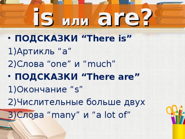 is или  are? ПОДСКАЗКИ “There is” Артикль “a” Слова “one” и “much” ПОДСКАЗКИ “There are” Окончание “s” Числительные больше двух Слова “many” и “a lot of”