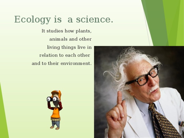 Ecology is a science. It studies how plants,  animals and other  living things live in  relation to each other and to their environment.