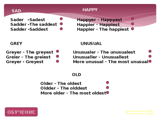 HAPPY SAD Sadest Sader - Sadder - The saddest Sadder - Saddest Happyer – Happyest Happier – Happiest Happier – The happiest UNUSUAL GREY Greyer – The greyest Unusualer – The unusualest Greier – The greiest Unusualler – Unusuallest More unusual – The most unusual Greyer - Greyest OLD Older – The oldest Oldder – The olddest More older – The most oldest ОБУЧЕНИЕ