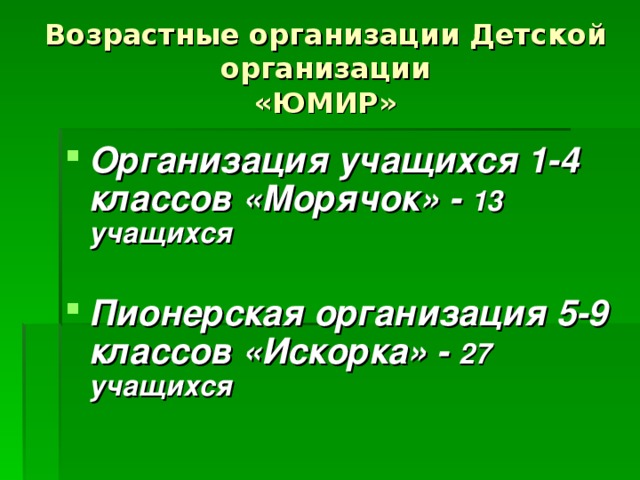 Возрастные организации Детской организации  «ЮМИР» Организация учащихся 1-4 классов «Морячок» - 13 учащихся  Пионерская организация 5-9 классов «Искорка» - 27 учащихся