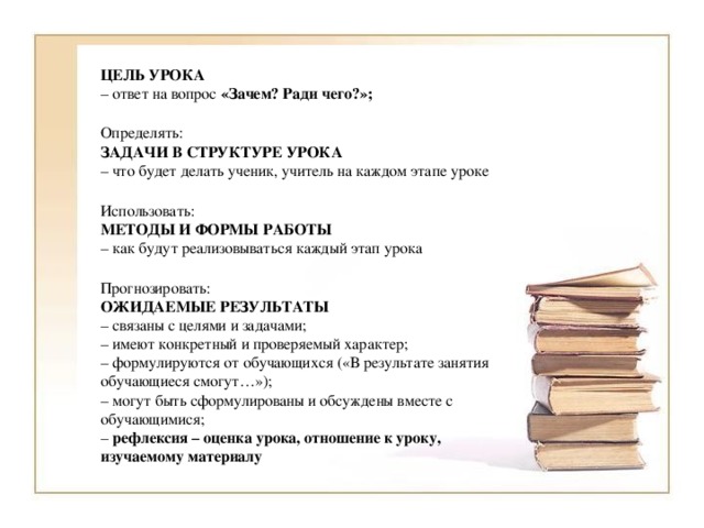 ЦЕЛЬ УРОКА – ответ на вопрос «Зачем? Ради чего?»; Определять: ЗАДАЧИ В СТРУКТУРЕ УРОКА – что будет делать ученик, учитель на каждом этапе уроке Использовать: МЕТОДЫ И ФОРМЫ РАБОТЫ – как будут реализовываться каждый этап урока Прогнозировать: ОЖИДАЕМЫЕ РЕЗУЛЬТАТЫ – связаны с целями и задачами; – имеют конкретный и проверяемый характер; – формулируются от обучающихся («В результате занятия обучающиеся смогут…»); – могут быть сформулированы и обсуждены вместе с обучающимися; – рефлексия – оценка урока, отношение к уроку, изучаемому материалу