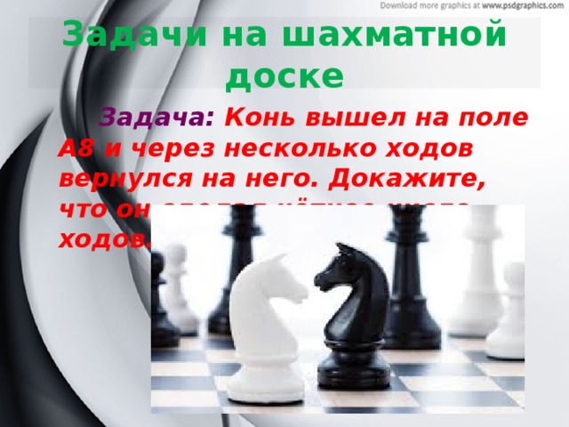 Задачи на шахматной доске  Задача: Конь вышел на поле А8 и через несколько ходов вернулся на него. Докажите, что он сделал чётное число ходов.