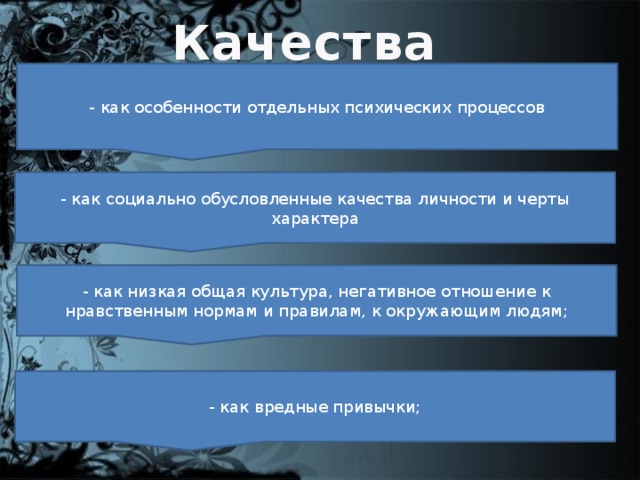 Качества - как особенности отдельных психических процессов - как социально обусловленные качества личности и черты характера - как низкая общая культура, негативное отношение к нравственным нормам и правилам, к окружающим людям; - как вредные привычки;