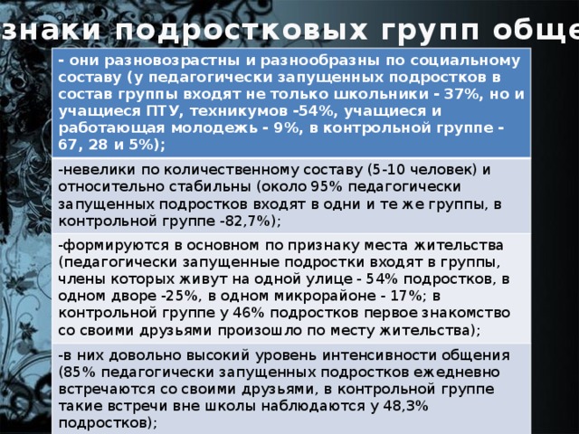 Признаки подростковых групп общения - они разновозрастны и разнообразны по социальному составу (у педагогически запущенных подростков в состав группы входят не только школьники - 37%, но и учащиеся ПТУ, техникумов -54%, учащиеся и работающая молодежь - 9%, в контрольной группе - 67, 28 и 5%); -невелики по количественному составу (5-10 человек) и относительно стабильны (около 95% педагогически запущенных подростков входят в одни и те же группы, в контрольной группе -82,7%); -формируются в основном по признаку места жительства (педагогически запущенные подростки входят в группы, члены которых живут на одной улице - 54% подростков, в одном дворе -25%, в одном микрорайоне - 17%; в контрольной группе у 46% подростков первое знакомство со своими друзьями произошло по месту жительства); -в них довольно высокий уровень интенсивности общения (85% педагогически запущенных подростков ежедневно встречаются со своими друзьями, в контрольной группе такие встречи вне школы наблюдаются у 48,3% подростков);