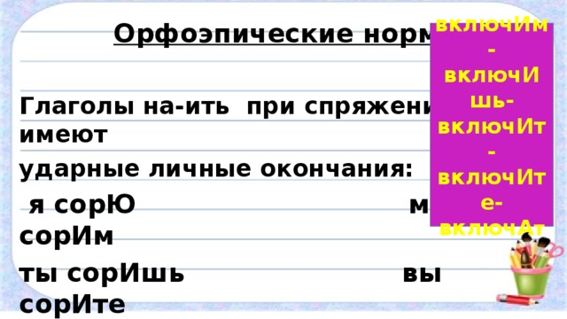 Орфоэпические нормы  Глаголы на-ить при спряжении имеют ударные личные окончания:  я сорЮ мы сорИм ты сорИшь вы сорИте он сорИт они сорЯт включИм-включИшь-включИт-включИте-включА т