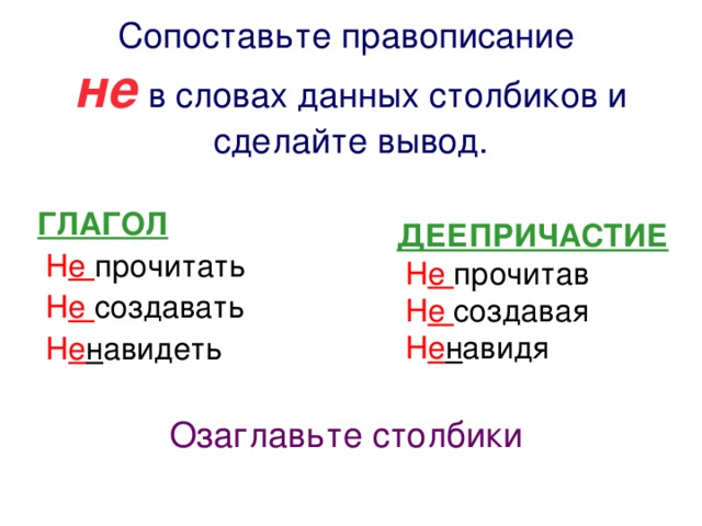 Сопоставьте правописание   не  в словах данных столбиков и сделайте вывод. ГЛАГОЛ  Н е прочитать  Н е создавать  Н е н авидеть Озаглавьте столбики ДЕЕПРИЧАСТИЕ  Н е прочитав  Н е создавая  Н е н авидя