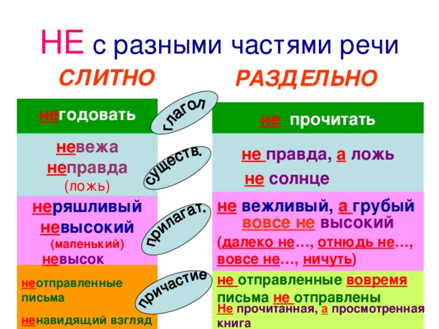 НЕ с разными частями речи   СЛИТНО РАЗДЕЛЬНО  не годовать   не  прочитать  не вежа не правда (ложь) не правда, а ложь  не  солнце не  вежливый,  а грубый вовсе не  высокий  не ряшливый не высокий (маленький)  ( далеко не …,  отнюдь не …, вовсе не …, ничуть ) не высок не отправленные  вовремя письма  не отправлены  не отправленные письма  Не  прочитанная,  а  просмотренная книга не навидящий взгляд