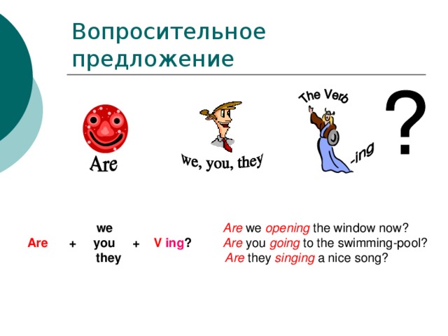 Вопросительное предложение   we  Are we opening the window now? Are + you + V ing ?  Are  you going  to the swimming-pool?  they  Are  they singing  a nice song?