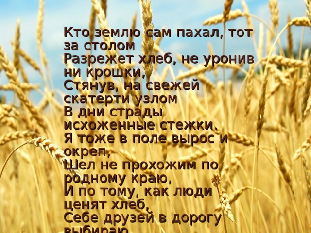 Кто землю сам пахал, тот за столом  Разрежет хлеб, не уронив ни крошки,  Стянув, на свежей скатерти узлом  В дни страды исхоженные стежки.  Я тоже в поле вырос и окреп,  Шел не прохожим по родному краю,  И по тому, как люди ценят хлеб,  Себе друзей в дорогу выбираю.  А. Рыленков «Хлеб»