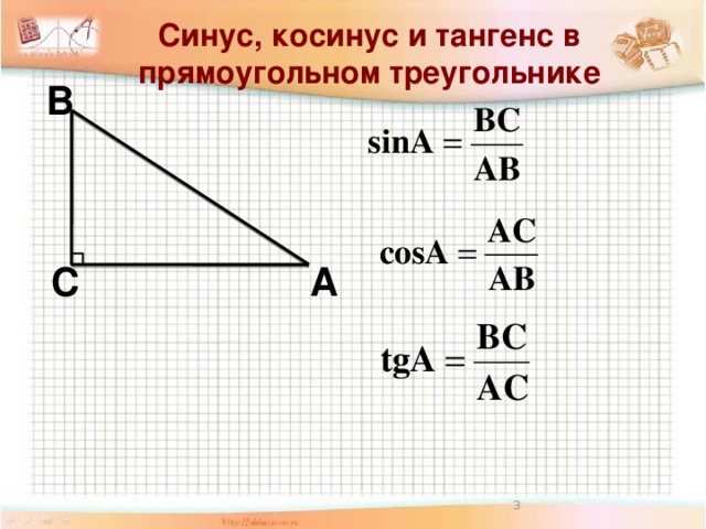 Синус, косинус и тангенс в прямоугольном треугольнике В С А