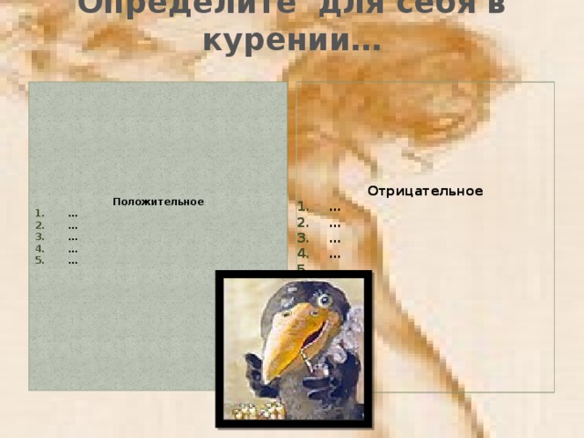 Определите для себя в курении…   Положительное Отрицательное … … … … … … … … … …