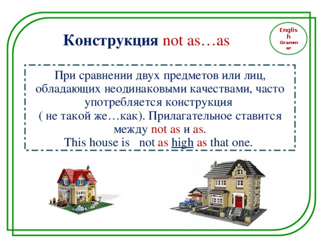 English Grammar Конструкция not as…as При сравнении двух предметов или лиц, обладающих неодинаковыми качествами, часто употребляется конструкция ( не такой же…как). Прилагательное ставится между not as и as . This house is not as  high  as  that one .