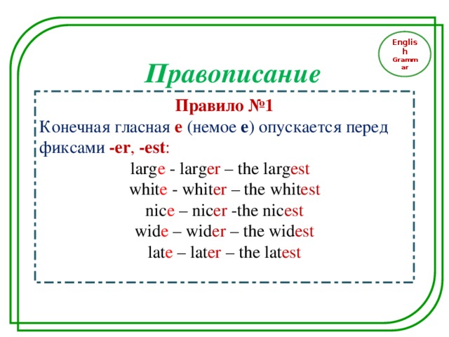 English Grammar Правописание Правило №1 Конечная гласная е  (немое е ) опускается перед фиксами  - еr , -est :  larg e - larg er – the larg est whit e - whit er – the whit est nic e – nic er -the nic est wid e – wid er – the wid est lat e – lat er – the lat est