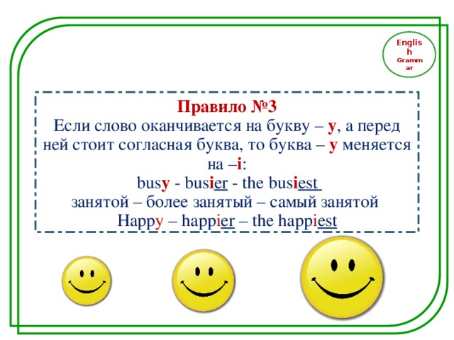 English Grammar Правило №3 Если слово оканчивается на букву – у , а перед ней стоит согласная буква, то буква – у меняется на – i :  bus y - bus i er - the bus i est занятой – более занятый – самый занятой Happ y – happ i er – the happ i est