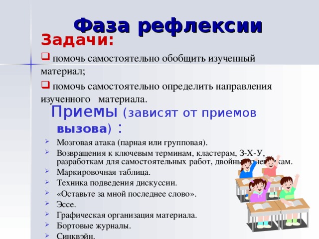 Фаза рефлексии Задачи:  помочь самостоятельно обобщить изученный материал;  помочь самостоятельно определить направления изученного материала.   Приемы (зависят от приемов вызова ) :