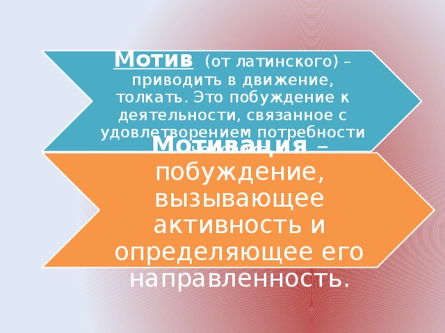 Мотив  (от латинского) – приводить в движение, толкать. Это побуждение к деятельности, связанное с удовлетворением потребности человека. Мотивация  – побуждение, вызывающее активность и определяющее его направленность.