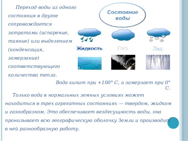 Переход воды из одного состояния в другое сопровождается затратами (испарение, таяние) или выделением (конденсация, замерзание) соответствующего количества тепла.  Вода кипит при +100° С, а замерзает при 0° С.  Только вода в нормальных земных условиях может находиться в трех агрегатных состояниях — твердом, жидком и газообразном. Это обеспечивает вездесущность воды, она пронизывает всю географическую оболочку Земли и производит в ней разнообразную работу.