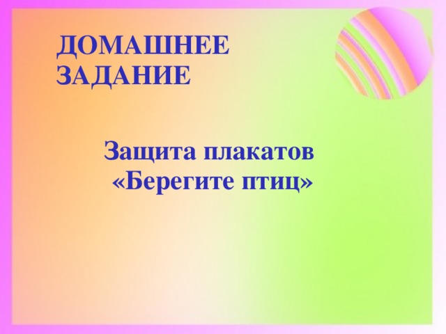 ДОМАШНЕЕ ЗАДАНИЕ   Защита плакатов «Берегите птиц»