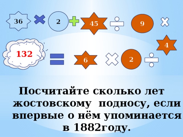 36 2 45 9 4 156 132 2 6  Посчитайте сколько лет жостовскому подносу, если впервые о нём упоминается в 1882году.