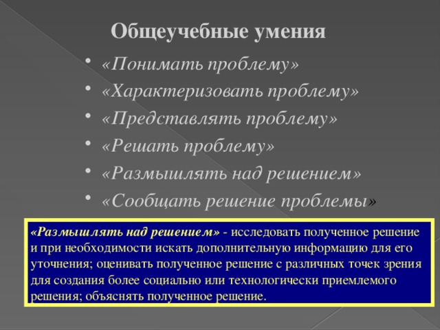 Общеучебные умения «Понимать проблему» «Характеризовать проблему» «Представлять проблему» «Решать проблему» «Размышлять над решением» «Сообщать решение проблемы » «Размышлять над решением» - исследовать полученное решение и при необходимости искать дополнительную информацию для его уточнения; оценивать полученное решение с различных точек зрения для создания более социально или технологически приемлемого решения; объяснять полученное решение.