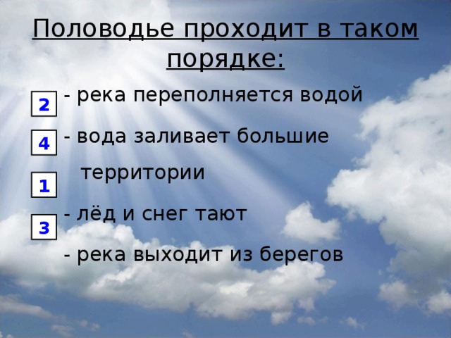 Половодье проходит в таком порядке: - река переполняется водой - вода заливает большие территории - лёд и снег тают - река выходит из берегов 2 4 1 3