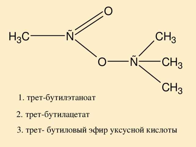 1. трет-бутилэтаноат 2. трет-бутилацетат 3. трет- бутиловый эфир уксусной кислоты