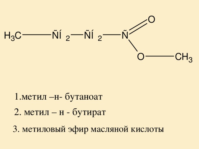 1.метил –н- бутаноат 2. метил – н - бутират 3. метиловый эфир масляной кислоты
