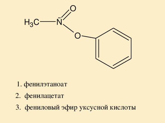 1. фенилэтаноат 2. фенилацетат 3. фениловый эфир уксусной кислоты
