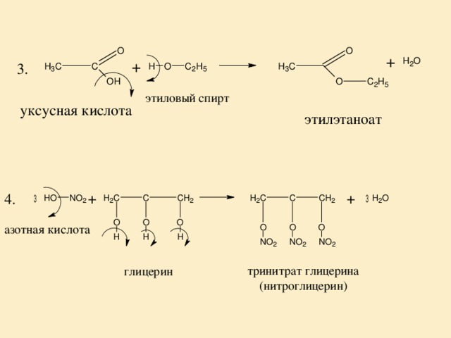 3. этиловый спирт уксусная кислота этилэтаноат 4. азотная кислота тринитрат глицерина (нитроглицерин) глицерин