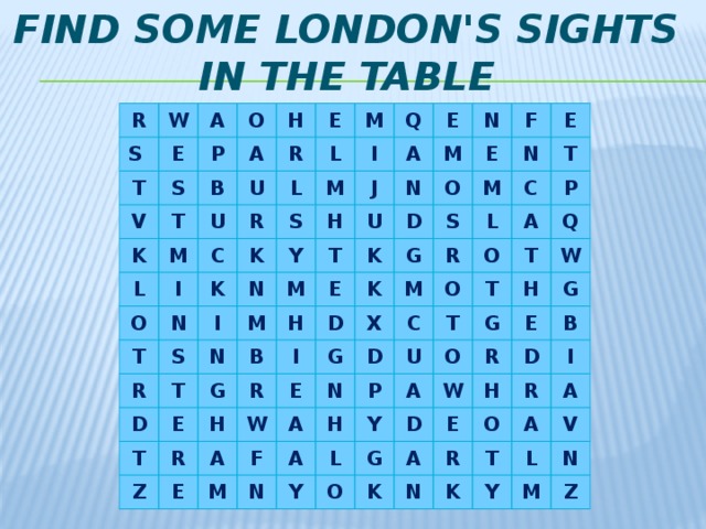 Find some London's sights in the table R W S T A E O P S V K B T A H L U M R U E L R I C O M L T S K K N I M Q I R A N Y H J E S M M D M N N T T N U K T G B O E H D E E F K D R I M Z H S G R N E E X W M R A L E G T C M F N A D O O C P A T N A H T P U Q T G O Y L A Y W H R D O W G G E E K A H D B N O R R I T K A A Y L V N M Z