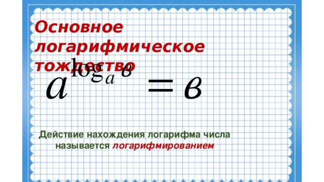 Основное  логарифмическое тождество Действие нахождения логарифма числа называется логарифмированием