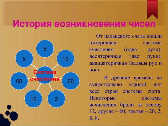 История возникновения чисел  От пальцевого счета пошли пятеричная система счисления (одна рука), десятеричная (две руки), двадцатеричная (пальцы рук и ног).  В древние времена не существовало единой для всех стран системы счета. Некоторые системы исчисления брали за основу 12, другие – 60, третьи – 20, 2, 5, 8. 5 8 10 Система счисления 60 20 12 2 10