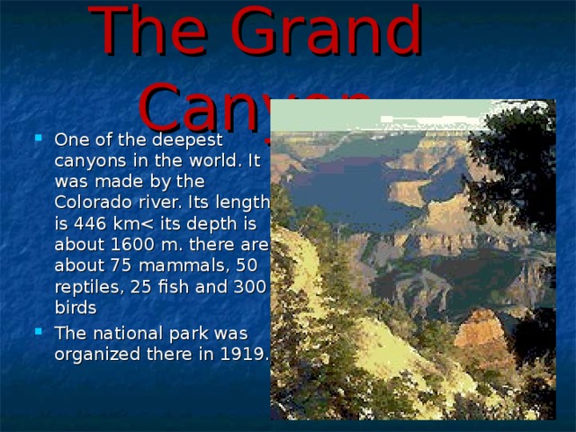 The Grand Canyon One of the deepest canyons in the world. It was made by the Colorado river. Its length is 446 kmThe national park was organized there in 1919.