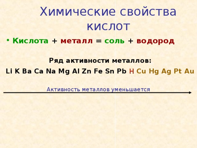 Химические свойства кислот Кислота +  металл  = соль +  водород  Ряд активности металлов: Li K Ba Ca Na Mg Al Zn Fe Sn Pb H  Cu  Hg Ag Pt Au Активность металлов уменьшается