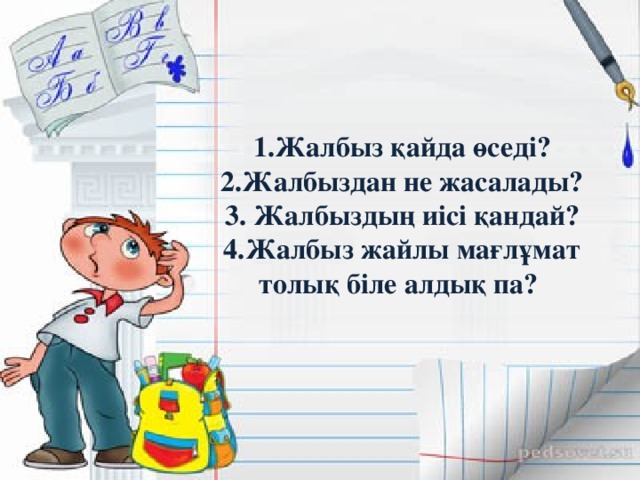 1.Жалбыз қайда өседі?  2.Жалбыздан не жасалады?  3. Жалбыздың иісі қандай?  4.Жалбыз жайлы мағлұмат толық біле алдық па?