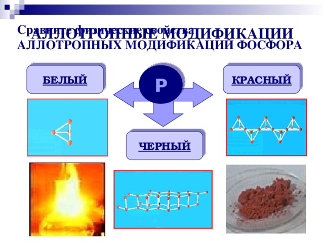 Сравните физические свойства АЛЛОТРОПНЫХ МОДИФИКАЦИЙ ФОСФОРА АЛЛОТРОПНЫЕ МОДИФИКАЦИИ Р БЕЛЫЙ КРАСНЫЙ ЧЕРНЫЙ