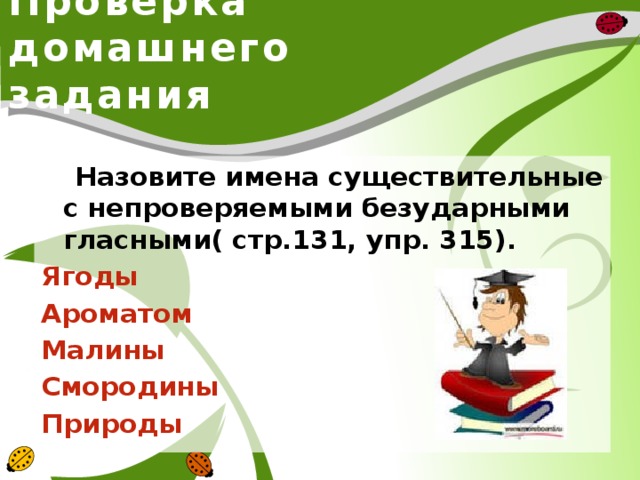 Проверка домашнего задания  Назовите имена существительные с непроверяемыми безударными гласными( стр.131, упр. 315). Ягоды Ароматом Малины Смородины Природы