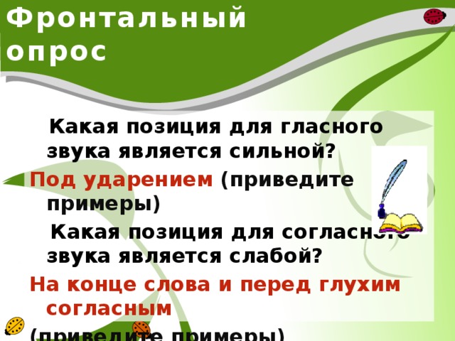 Фронтальный опрос  Какая позиция для гласного звука является сильной? Под ударением (приведите примеры)  Какая позиция для согласного звука является слабой? На конце слова и перед глухим согласным (приведите примеры)