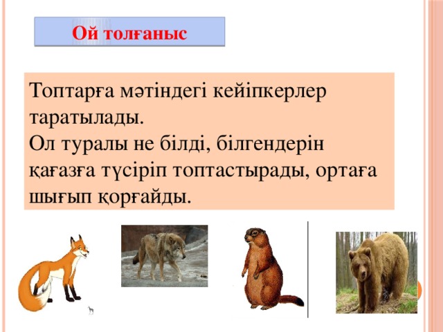 Ой толғаныс Топтарға мәтіндегі кейіпкерлер таратылады. Ол туралы не білді, білгендерін қағазға түсіріп топтастырады, ортаға шығып қорғайды.