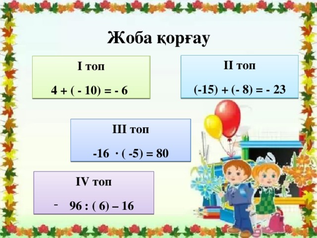 Жоба қорғау ІI топ  (-15) + (- 8) = - 23 ІI топ І топ І топ    + ( - 10) = - 6 (-15) + (- *) = - 23 4 + ( - 10) = - 6 ІII топ ІII топ   -16 ∙ ( -5) = 80 -16 ∙ ( *) = 80 ІV топ ІV топ