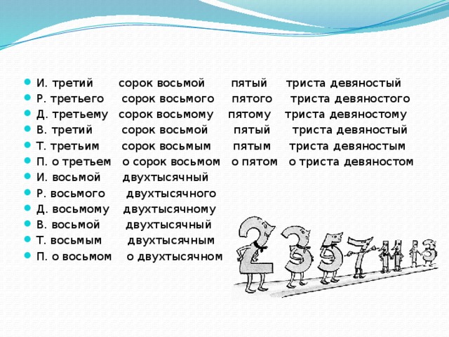 И. третий сорок восьмой пятый триста девяностый Р. третьего сорок восьмого пятого триста девяностого Д. третьему сорок восьмому пятому триста девяностому В. третий сорок восьмой пятый триста девяностый Т. третьим сорок восьмым пятым триста девяностым П. о третьем о сорок восьмом о пятом о триста девяностом И. восьмой двухтысячный Р. восьмого двухтысячного Д. восьмому двухтысячному В. восьмой двухтысячный Т. восьмым двухтысячным П. о восьмом о двухтысячном