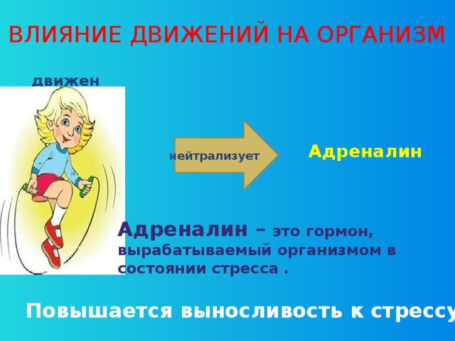 ВЛИЯНИЕ ДВИЖЕНИЙ НА ОРГАНИЗМ движение Адреналин  нейтрализует Адреналин – это гормон, вырабатываемый организмом в состоянии стресса . Повышается выносливость к стрессу