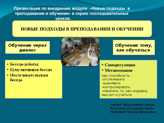 Презентация по внедрению модуля «Новые подходы в преподавании и обучении» в серию последовательных уроков.  НОВЫЕ ПОДХОДЫ В ПРЕПОДАВАНИИ И ОБУЧЕНИИ Обучение тому, как обучаться Обучение через диалог Саморегуляция Метапознание Саморегуляция Метапознание как способность : -отслеживать -оценивать -контролировать -изменять то, как индивид мыслит и учиться