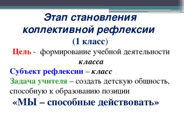 Этап становления коллективной рефлексии (1 класс ) Цель - формирование учебной деятельности класса Субъект рефлексии – класс Задача учителя – создать детскую общность, способную к образованию позиции  «МЫ – способные действовать»